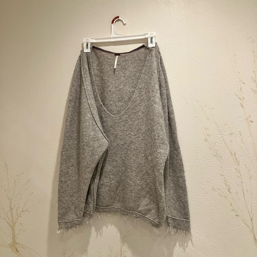 Free People Oversized Gray Fringe Sweater in Wool, nylon, linen